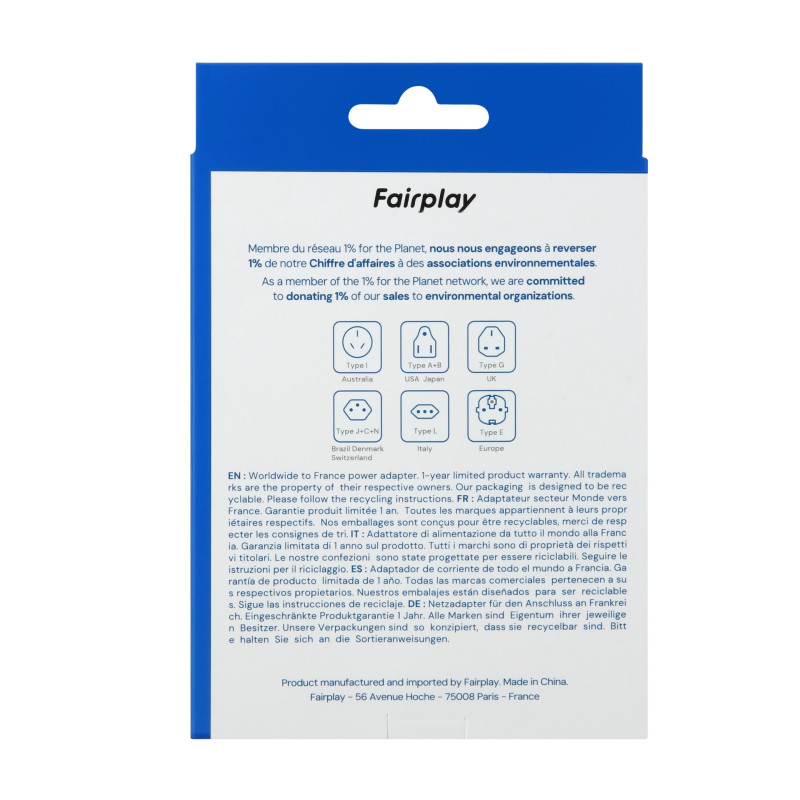 Fairplay – Adaptateur Voyage Monde vers France (Type E/F)