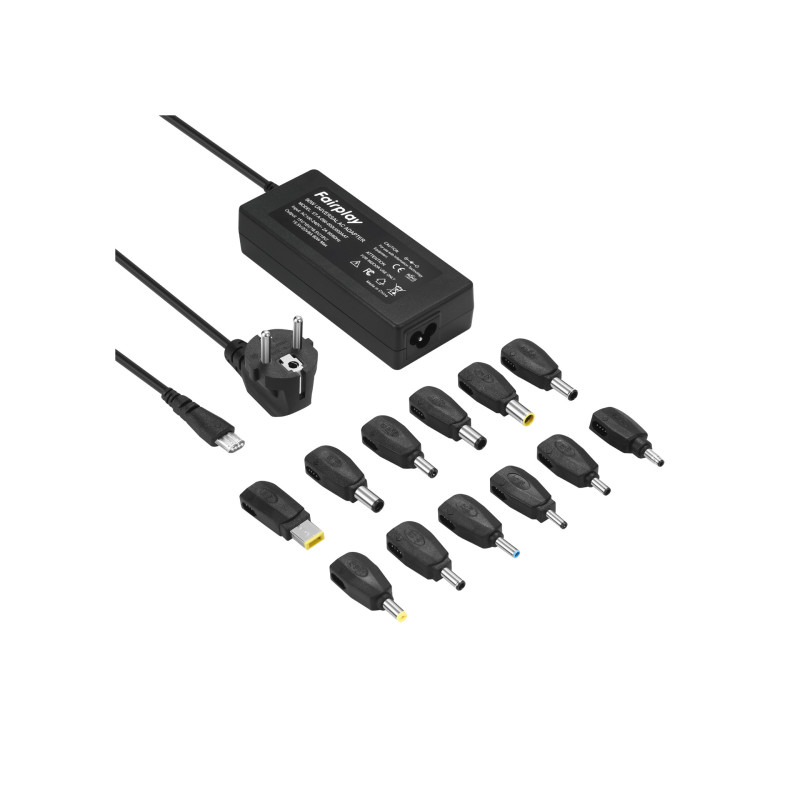 Fairplay – Chargeur universel 90W avec 12 adaptateurs (tension auto 12–24 V)