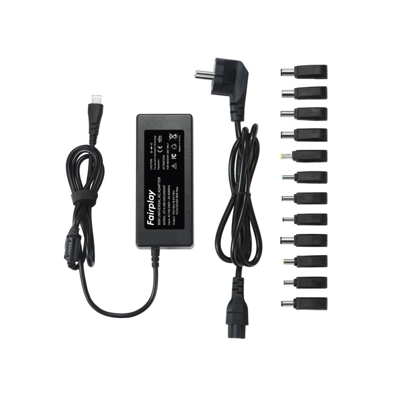 Fairplay – Chargeur universel 90W avec 12 adaptateurs (tension auto 12–24 V)